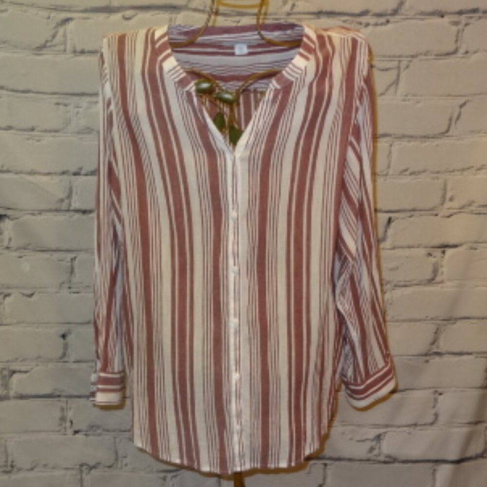 Liz Claiborne Wild Cherry Stripe Long Sleeve Button Down Shirt, NWT